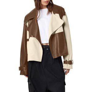 Womens Brown Tankaneo Leather Cropped Jacket Oversized Color Block Motorcycle